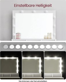 Toaletný stolík s LED osvetlením, so zrkadlom, nastaviteľný jas, biely