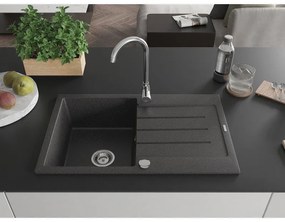 Mexen Bruno, 1-komorový granitový drez s odkvapkávačom 80x50 cm a kuchynskou batériou Telma, čierna-škvrnitá, 6513-76-670200-00