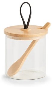 Zeller Present Sklenená dóza s bambusovým viečkom, koženým pútkom, lyžičkou, 320ml LATTE
