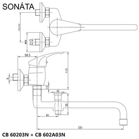 Mereo, Nástenná batéria do byt. jadra, Sonáta, bez příslušenstva pr. 18 mm - 330 mm, chróm, MER-CB602A03N