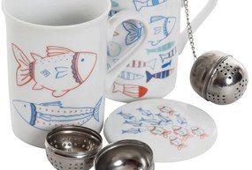 Hrnček na čaj s poklopom a sitkom, motív "rybičky", porcelán 10,5x8x11cm, 2 varianty