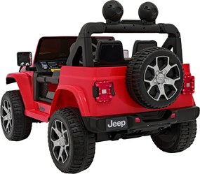 Ramiz Jeep Wrangler Rubicon na batérie pre deti červený + diaľkové ovládanie + rádio MP3 LED + kolesá EVA