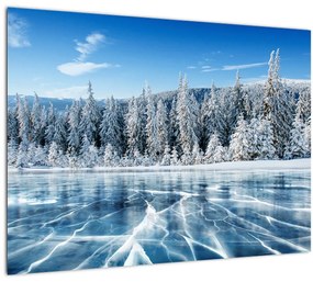 Sklenený obraz zamrznutého jazera a zasnežených stromov (70x50 cm)