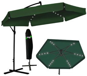 Zelený záhradný slnečník so stojanom a LED osvetlením