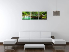 Gario Obraz s hodinami Vodopád Erawan v Thajsku - 3 dielny Rozmery: 90 x 70 cm