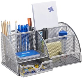 Kovový stolový organizér so zásuvkou Relaxdays RD2481 – strieborný, 6 priehradiek