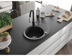 Mexen Kevin, granitový drez 586x458x190 mm, 1-komorový a drezová batéria Savita, čierna, 6517-77-672601-70