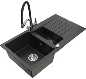 Mexen Matias, granitový drez 900x505x200 mm, 1,5-komorový a drezová batéria Duo, čierna-zlatá metalíza, 6502-75-671701-07