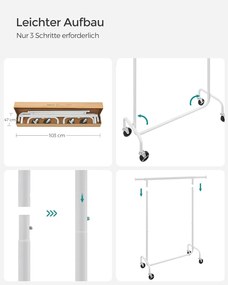 SONGMICS mobilný vešiak na oblečenie, vysúvacia šatníková tyč, max. 130 kg nosnosť, matná biela