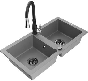 Mexen Mario, 2-komorový granitový drez 820x436x161 mm a drezová batéria Savita, šedá, 6504-71-672601-70-B