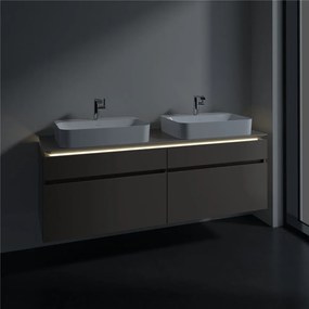 VILLEROY &amp; BOCH Legato závesná skrinka pod dve umývadlá na dosku, 4 zásuvky, s LED osvetlením, 1600 x 500 x 550 mm, Truffle Grey, B768L0VG