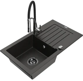 Mexen Pablo, 1-komorový granitový drez 752x436x161 mm a drezová batéria Aster, čierna-zlatá metalíza, 6510-75-73450-07-B