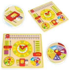 Drevená edukatívna manipulačná tabuľa, kalendár s hodinami, ECOTOYS