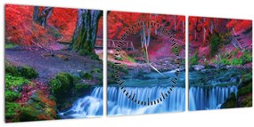 Obraz vodopádu v červenom lese (s hodinami) (90x30 cm)
