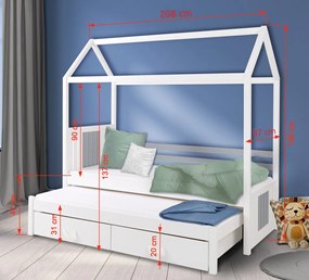 Detská domčeková posteľ z masívu borovice JONAS s prístelkou a zásuvkami - 200x90 cm - biela/sivá