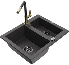 Mexen Carlos, 1,5-komorový granitový drez 582x475x177 mm a drezová batéria Flora, čierna škvrnitá, 6518-76-670401-57-B