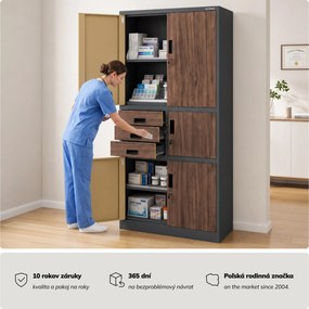 Kovová kancelárska skriňa so sejfom antracitová, orech, 900x1850x400 mm: FILIP II Eco Design