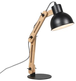 Priemyselná stolná lampa čierna s drevom - Woodi