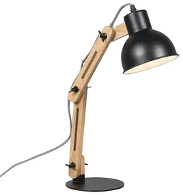 Priemyselná stolná lampa čierna s drevom - Woodi