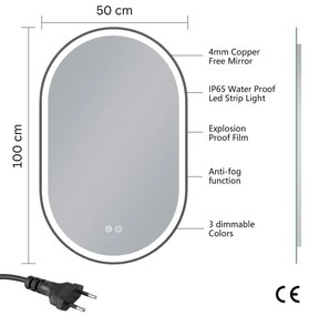 Erga Gwen, oválne LED zrkadlo 50x100cm v čiernom kovovom ráme, 3 farby svetla, predné osvetlenie, vyhrievacia podložka proti zapareniu, ERG-V01-GWEN-5010-BK