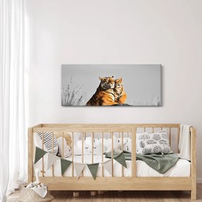 Obraz - Tigrice a jej mláďa, čiernobiely variant (120x50 cm)