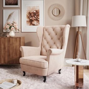 KRESLO UŠIAK BRUNO CHESTERFIELD ČIERNE BAROKOVÉ NOHY