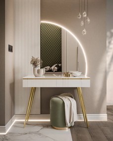 TOALETNÝ STOLÍK NESSIE BIELY LESK PRAVÝ + ZLATÉ NOHY + ZRKADLO POLMESIAC