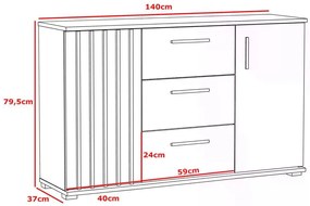 Komoda 140 cm so zásuvkami a úchytkami, farba čierna/ dub