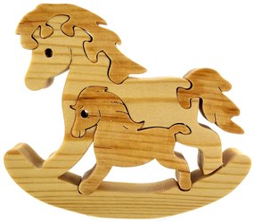 AMADEA Drevené puzzle hojdací kôň, masívne drevo dvoch druhov drevín, 13,5x11,5x3 cm