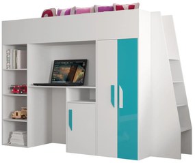 Detská kombinovaná posteľ 90 cm Puro 15 (matná biela + biely lesk + tyrkysový lesk). Vlastná spoľahlivá doprava až k Vám domov. 1087094