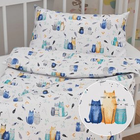 Biante Detské bavlnené posteľné obliečky do postieľky Sandra SA-653 Mačací svet modrý na bielom Do postieľky 100x135 a 40x60 cm