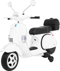 Ramiz Vespa elektrický skúter pre deti Biely + pomocné kolieska + audio + ekokoža + EVA + pomalý štart