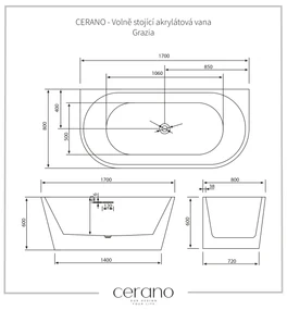 Cerano Grazia, voľne stojaca akrylátová vaňa 170x80 cm, biela, CER-CER-413624