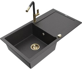 Mexen Leo, 1-komorový granitový drez 900x500x190 mm a drezová batéria Flora, čierna škvrnitá, 6501-76-670401-57-G