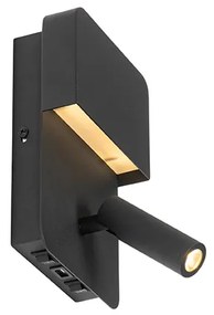 Nástenná lampa čierna vrátane LED s USB a lampou na čítanie s vypínačom - Robin