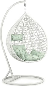 Biele závesné kreslo KOKON so stojanom, svetlozelený vankúš s vzorom