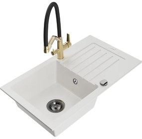 Mexen Pablo, granitový drez 752x436x161 mm, 1-komorový a drezová batéria Duo, biela, 6510-20-671701-57-B