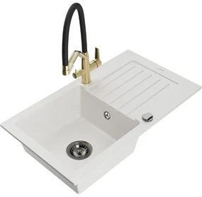 Mexen Pablo, granitový drez 752x436x161 mm, 1-komorový a drezová batéria Duo, biela, 6510-20-671701-57-B