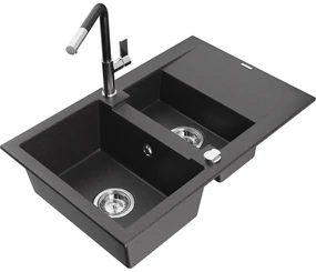 Mexen Gaspar, 1,5-komorový granitový drez 737x475x177 mm a drezová batéria Flora, čierna škvrnitá, 6507-76-670401-07