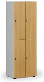 Drevená šatníková skrinka s úložnými boxmi, 4 boxy, otočný zámok, sivá/buk