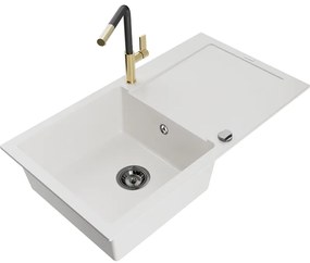 Mexen Leo, 1-komorový granitový drez 900x500x190 mm a drezová batéria Flora, biela, 6501-20-670401-57-B