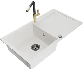 Mexen Leo, 1-komorový granitový drez 900x500x190 mm a drezová batéria Flora, biela, 6501-20-670401-57-B