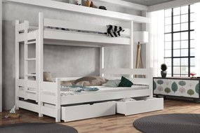 Detská poschodová posteľ z masívu borovice s rozšíreným spodným lôžkom BERTA so šuplíkmi - 200x90/140 cm - BIELA