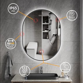 Erga Freya, oválne LED zrkadlo 60x80cm v čiernom kovovom ráme, 3 farby svetla, zadné osvetlenie, vyhrievacia podložka proti zapareniu, ERG-V01-FREYA-6080-BK