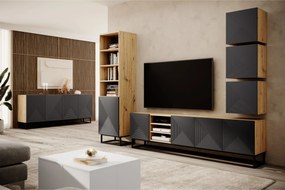 TV stolík Asha 200 cm na čiernom podstavci s 3 otvorenými policami - artisan / čierny mat