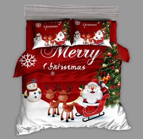 Bavlnené obliečky SANTA, SOBY A SNEHULIAK červené + obliečka na vankúšik 40 x 50 cm zadarmo