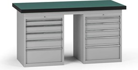 Pracovný stôl do dielne G8, 1500 x 750 x 800 mm, 2x kontejner, 10 zásuviek, sivá