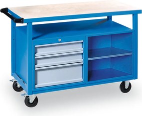 Pojazdný pracovný stôl do dielne GD, smrek + buková preglejka, 3 zásuvky, 1 polica, 1190 x 600 x 850 mm, sivá