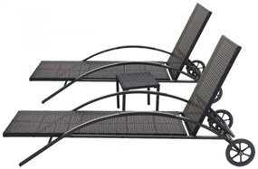 Set 2 záhradných lehátok HWC-E27, polyratan - béžové vankúše - čierna