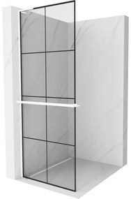 Mexen Kioto+ L, sprchová zástena Walk-In s poličkou a vešiakom 90 x 200 cm, 8mm číre sklo čierny vzor, biely profil, 800-090-123-20-77